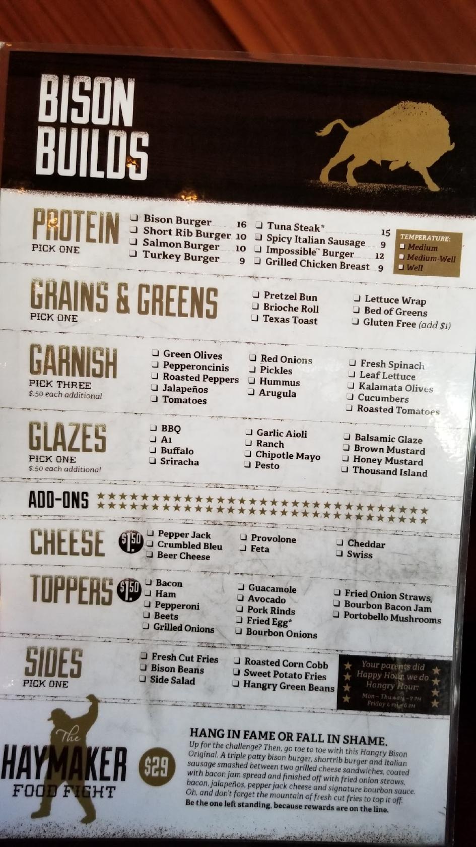 Menu at The Hangry Bison pub & bar, Winter Park