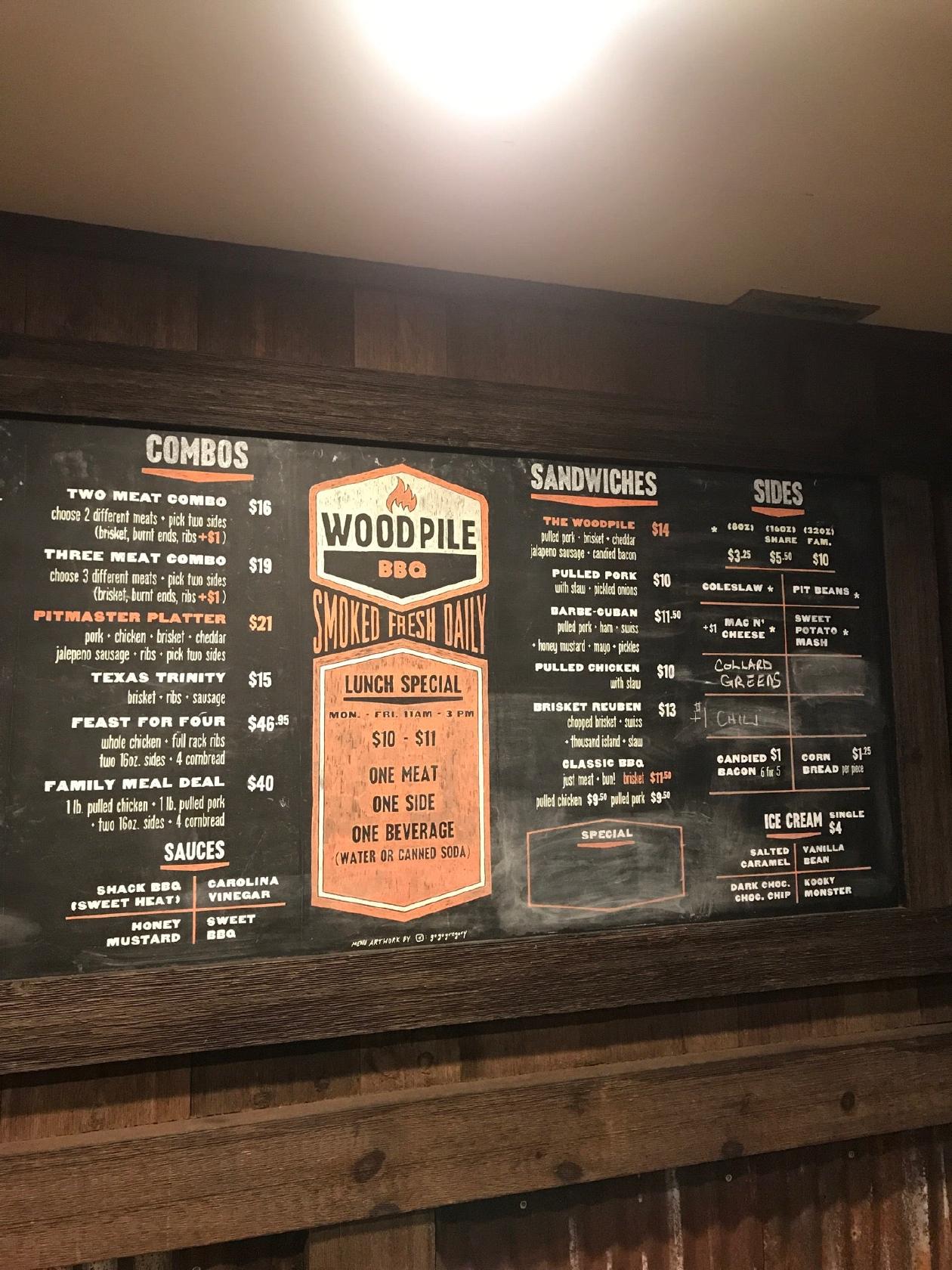Menu at Woodpile BBQ Shack, Clawson