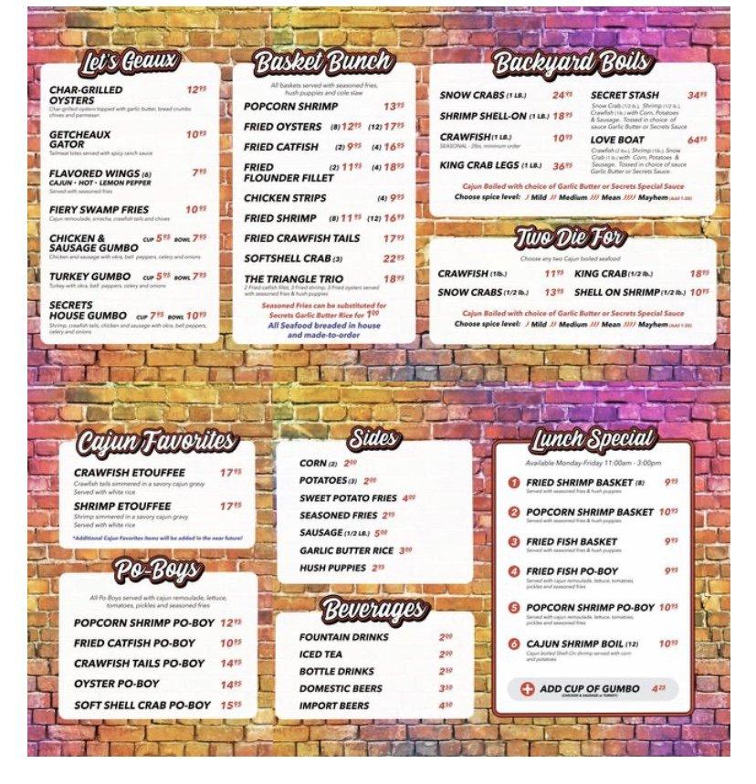 Menu at Secrets Cajun Kitchen restaurant, Raleigh