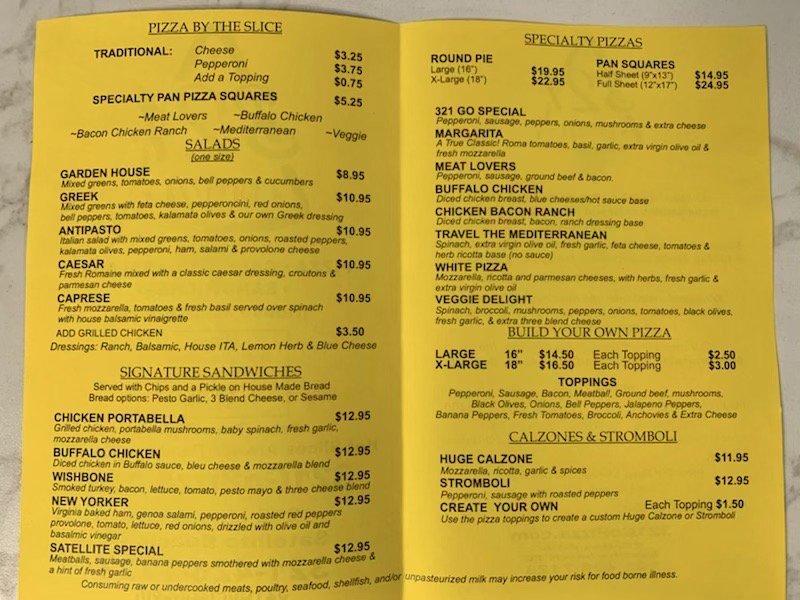 Carta de pizzería 321 Go Pizza, Satellite Beach
