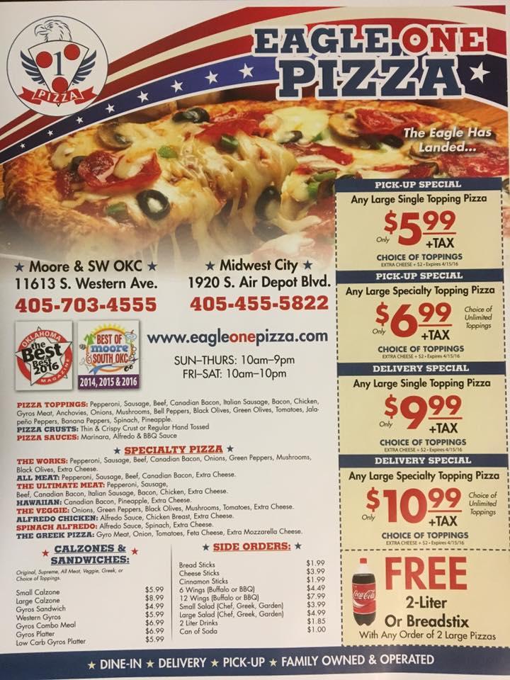 Menu at Eagle One Pizza pizzeria, Midwest City, S Air Depot Blvd