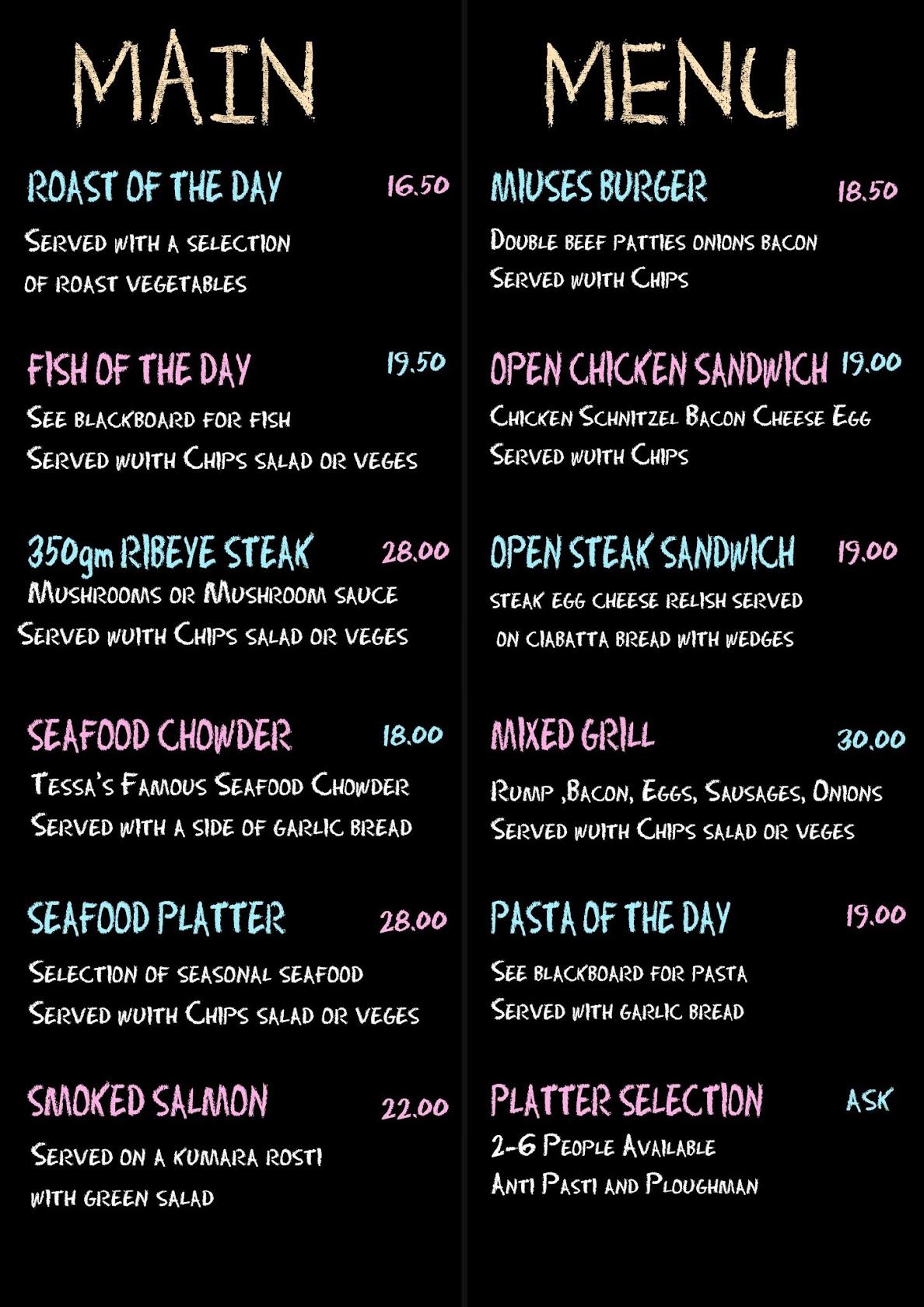 Menu at Muses Cafe, Motueka