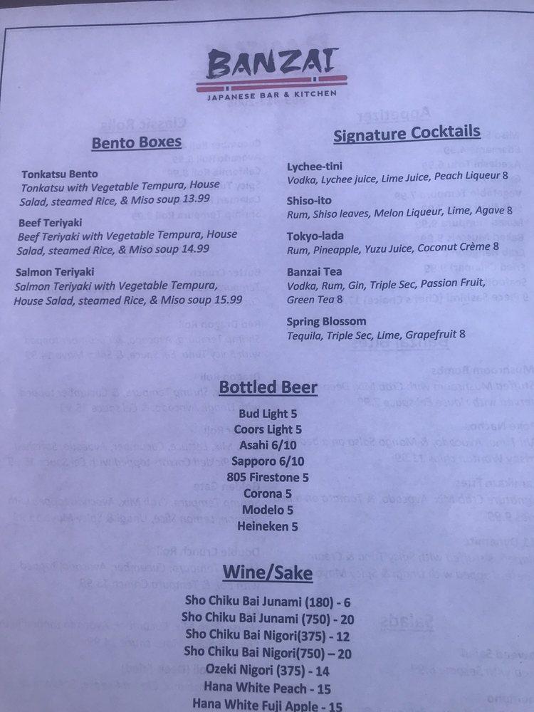 Menu at Banzai Japanese Bar & Kitchen, Fresno, 609 E Olive Ave Suite C