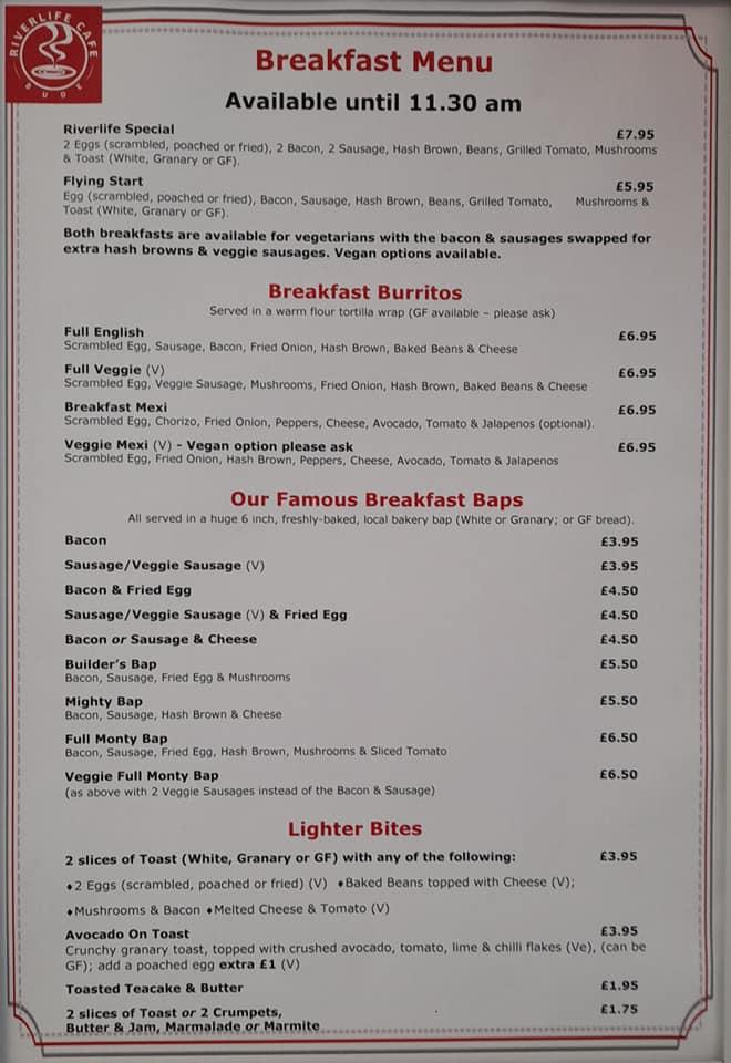 Carta de Riverlife Cafe, Bude