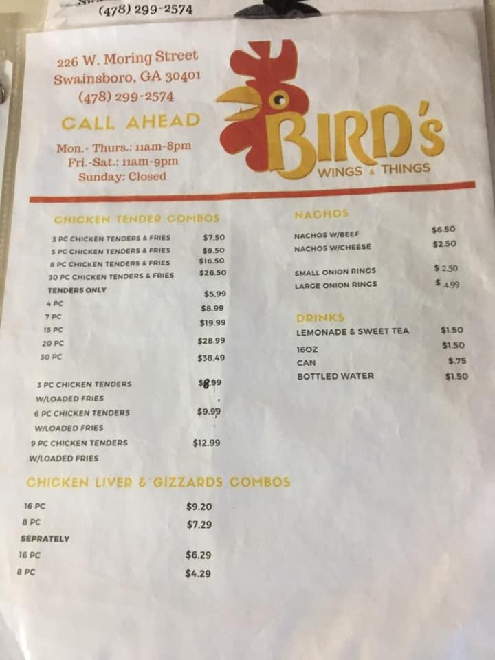 Menu at Bird's Wings and Things restaurant, Swainsboro