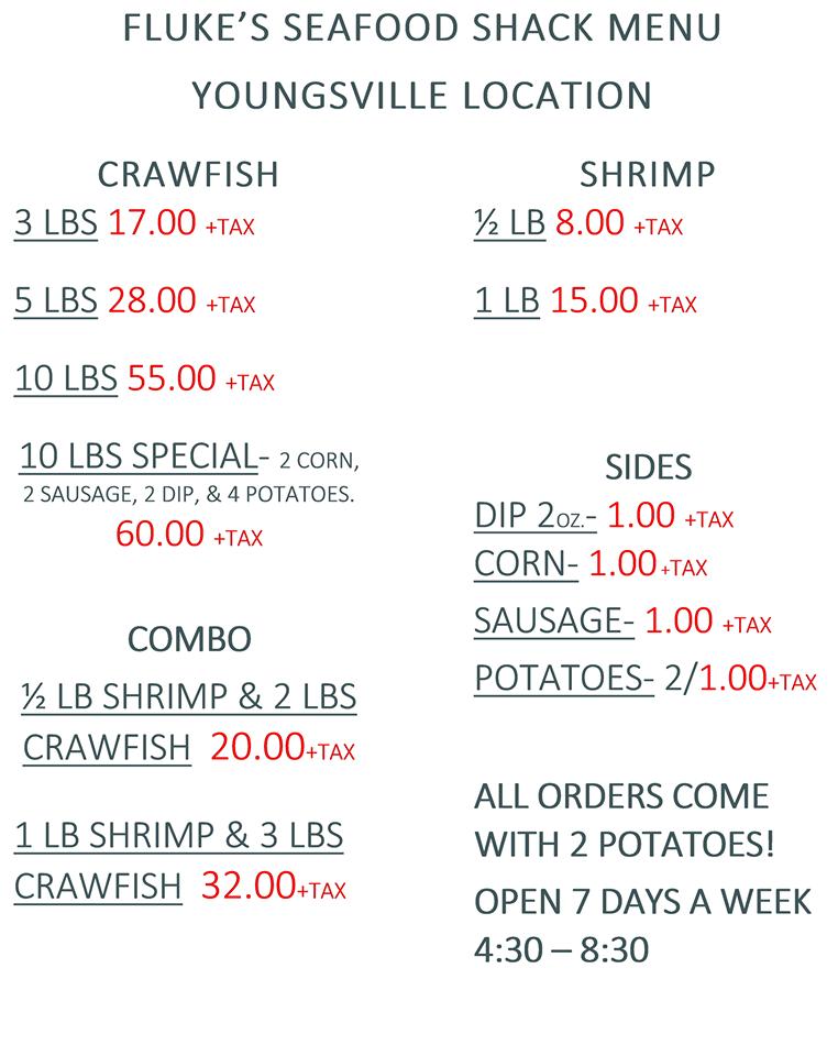 Menu at Fluke's Seafood Shack restaurant, Youngsville