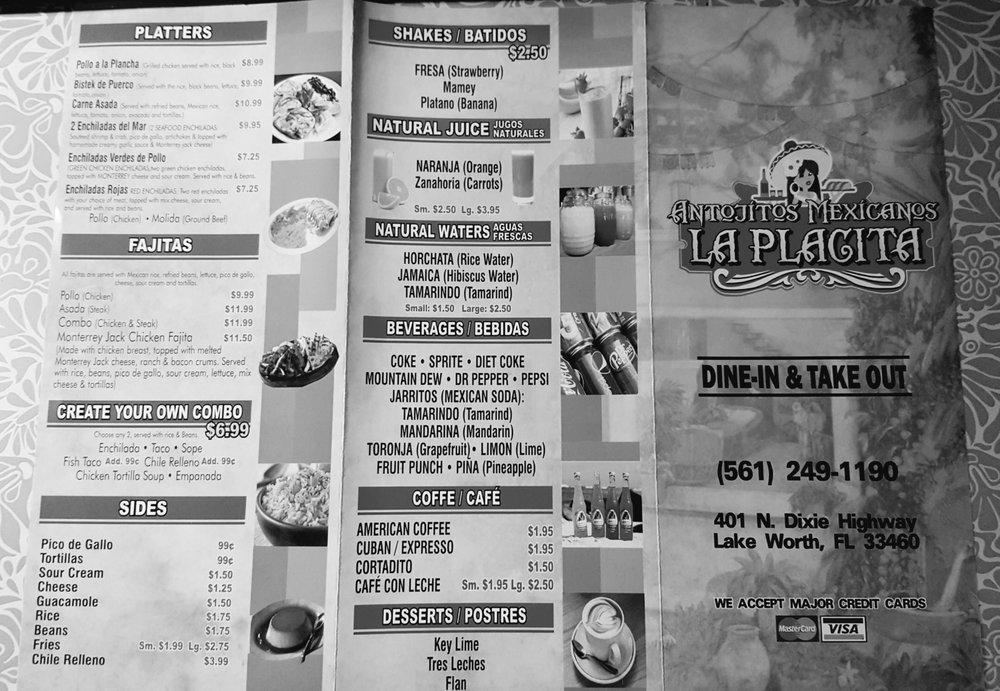 Menu at Antojitos Mexicanos La Placita restaurant, Lake Worth, 401 N