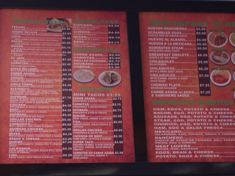 Menu at Paco's Tacos of Ogden restaurant, MarriottSlaterville