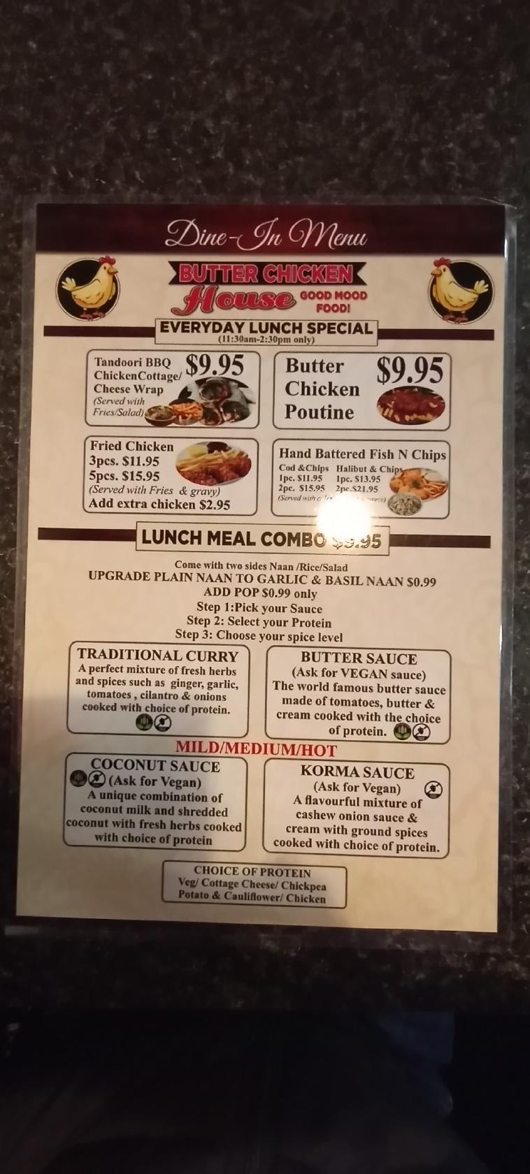 Menu at Butter Chicken House restaurant, Agassiz