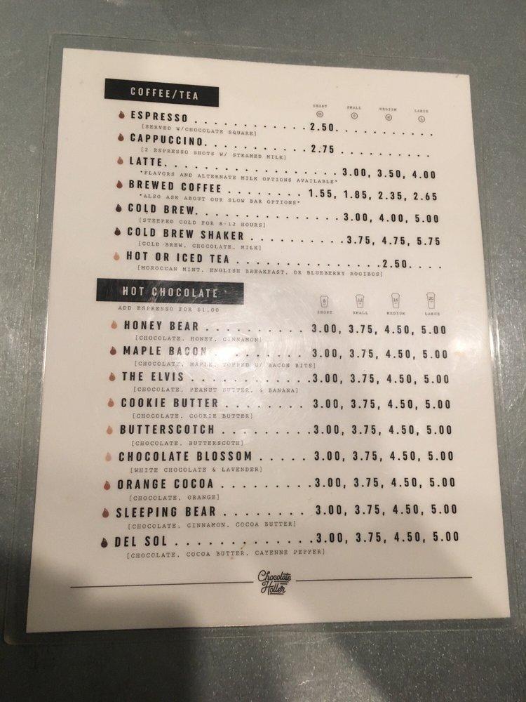 Menu at Chocolate Holler cafe, Lexington