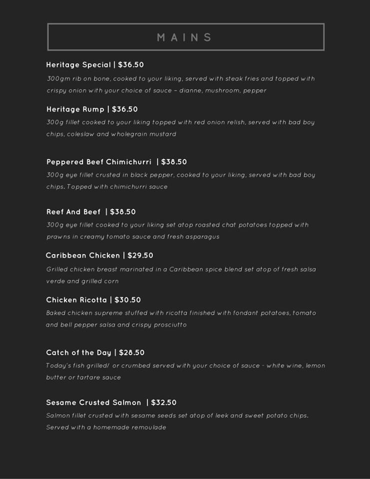 Menu at Western Heritage Motor Inn, Moranbah