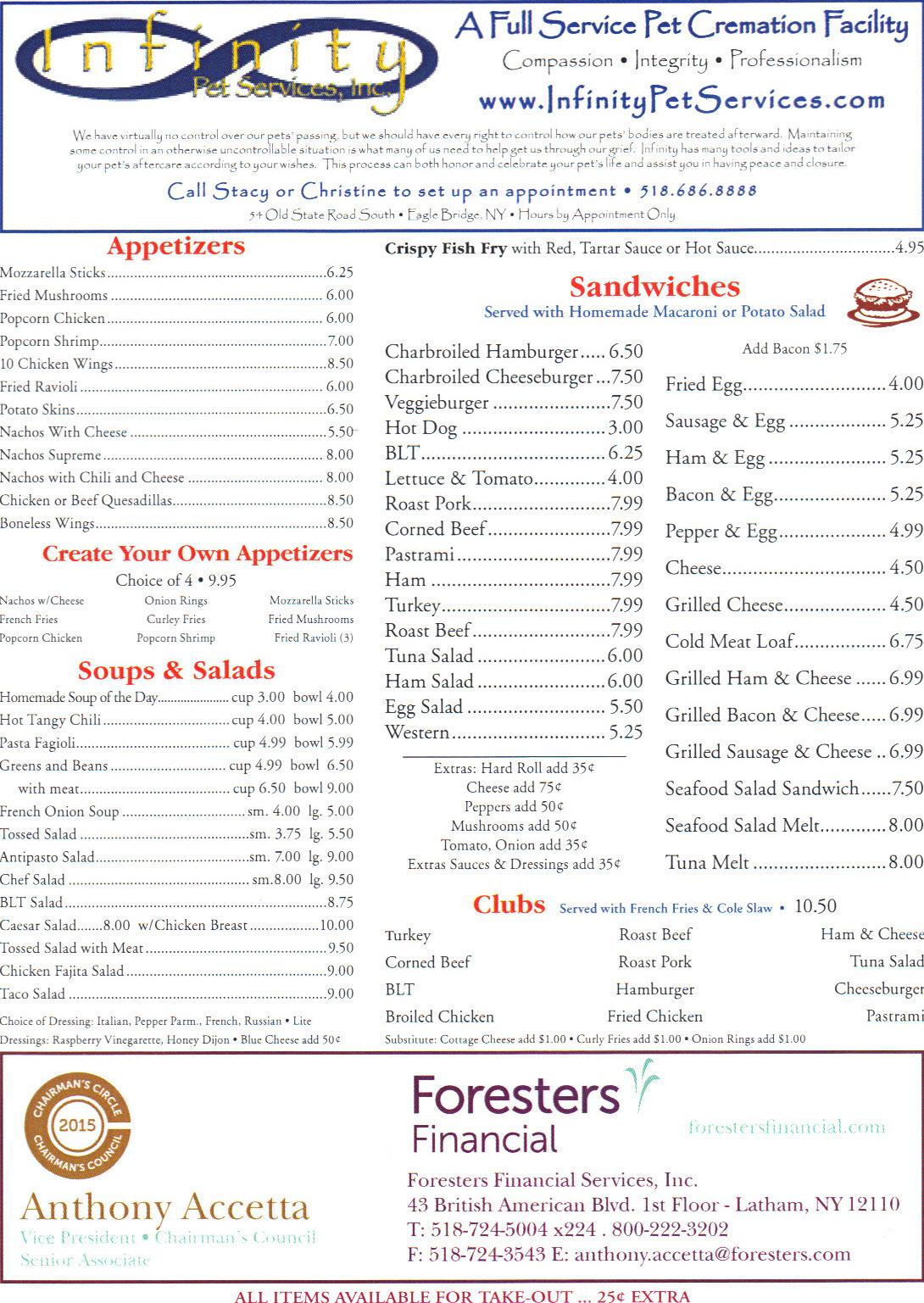 Menu at Bubble's Restaurant, Mechanicville