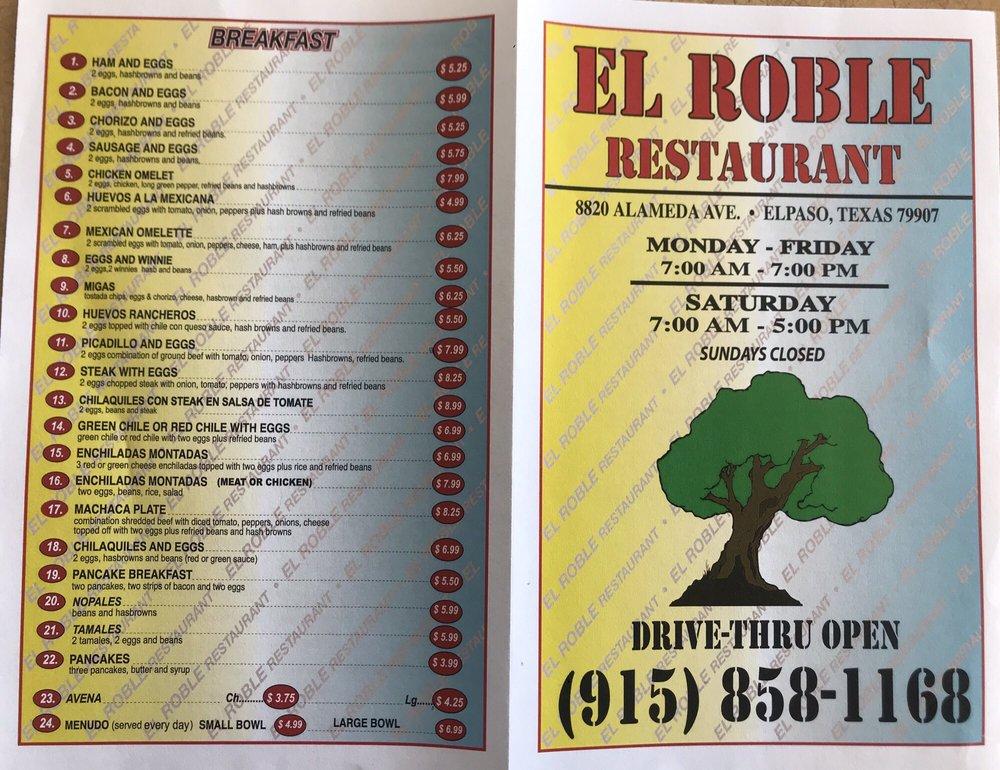 Menu at El Roble restaurant, El Paso