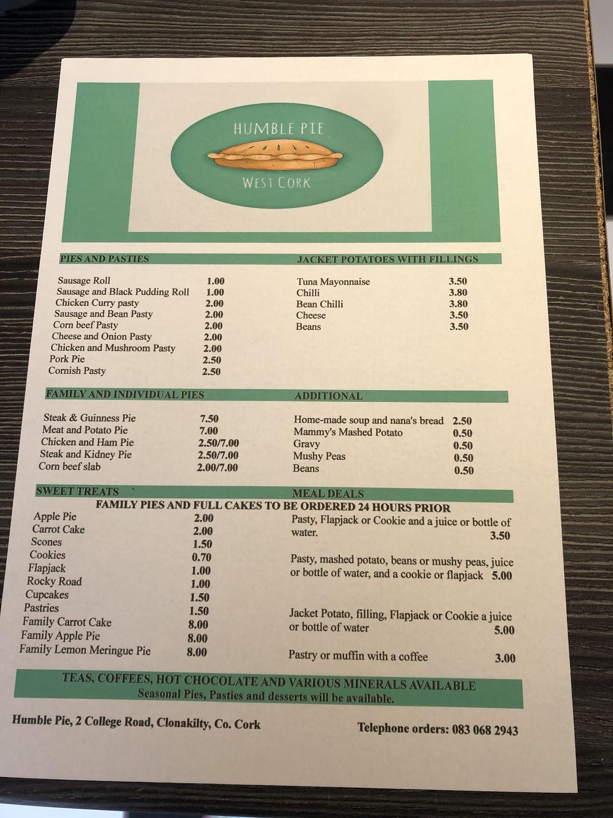 Menu at Humble Pie West Cork, Clonakilty