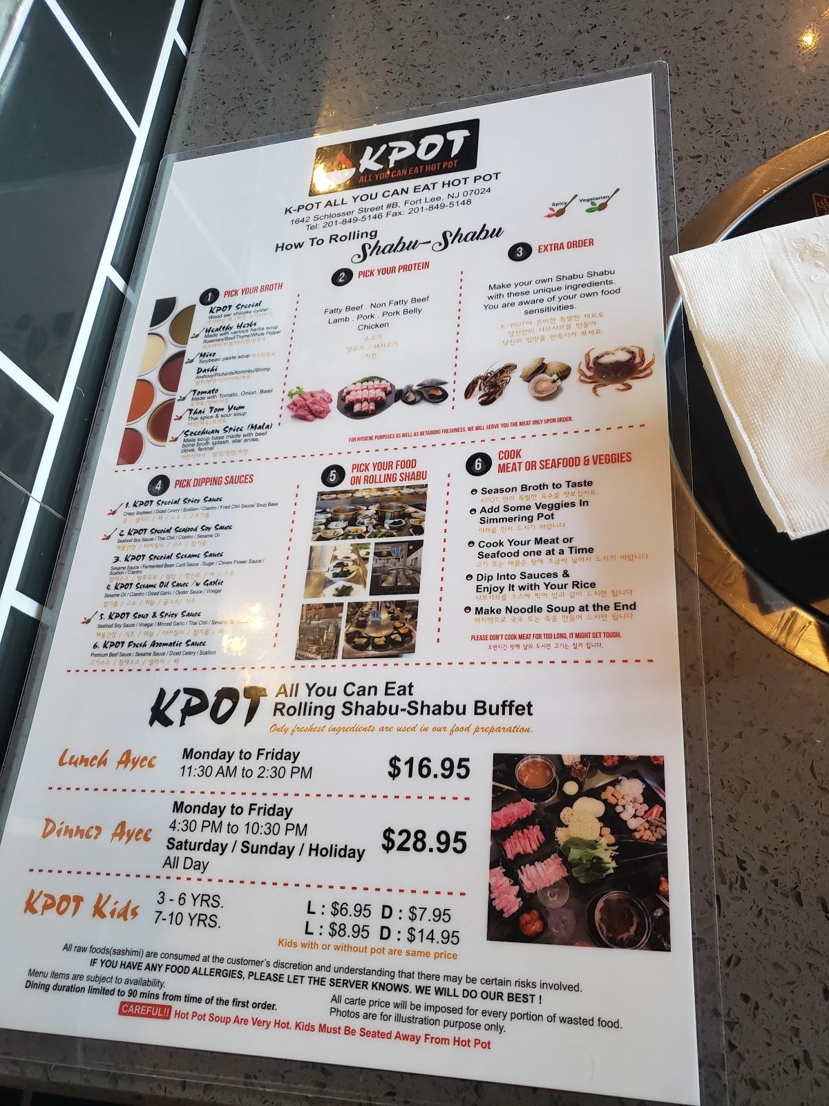 Menu at KPOT AYCE Rolling Hot pot restaurant, Fort Lee
