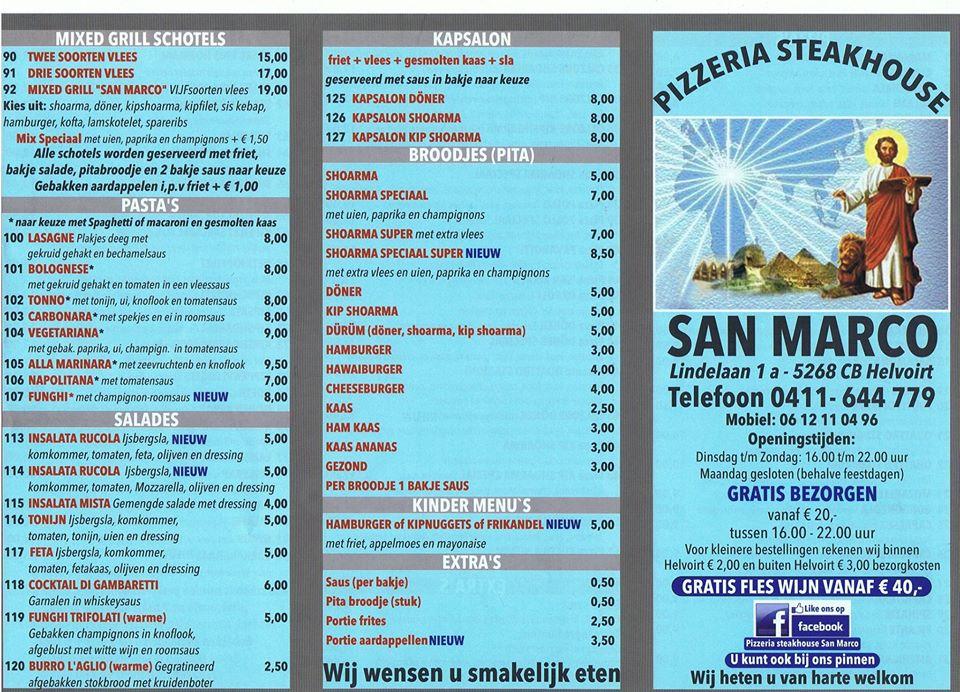 Menu at Pizzeria Steakhouse San Marco, Helvoirt