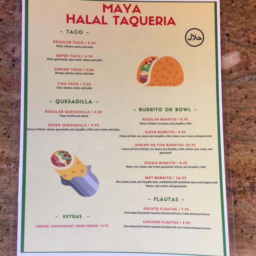 Menu at Maya Halal Taqueria restaurant, Oakland