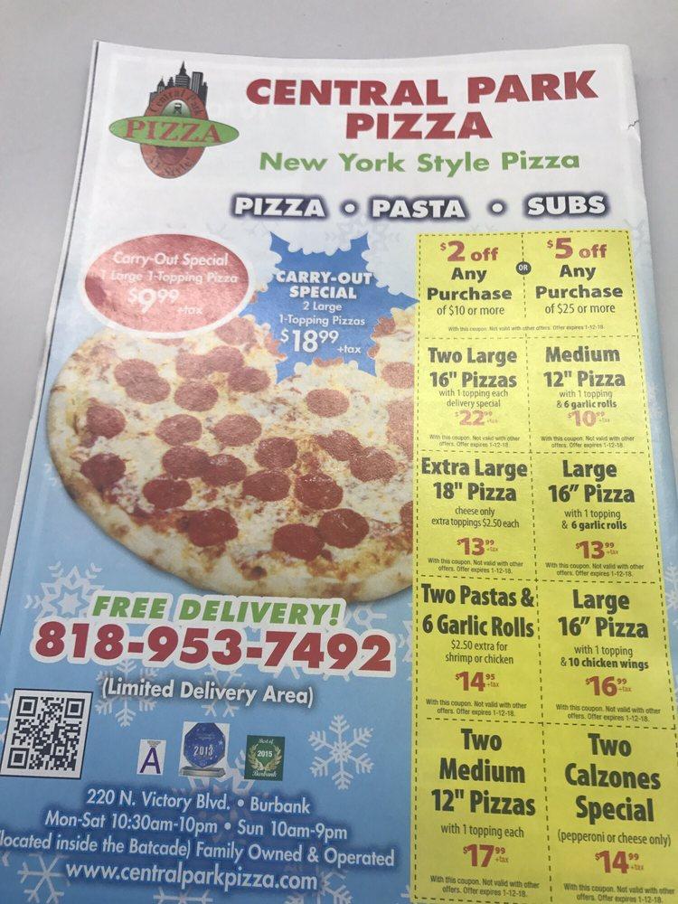 Menu at NY Style Central Park Pizza pizzeria, Burbank