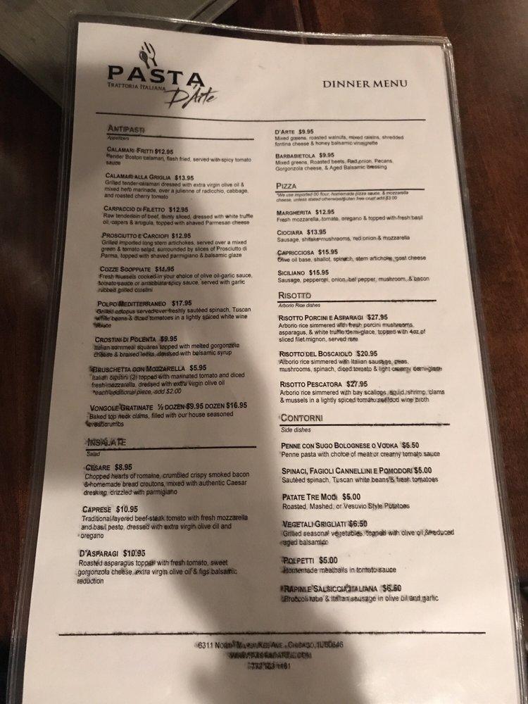 Menu at Pasta D'Arte Trattoria Italiana restaurant, Chicago