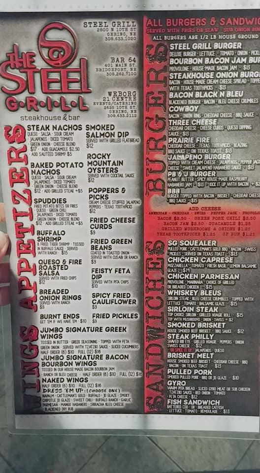 Menu at Steel Grill Restaurant, Bridgeport