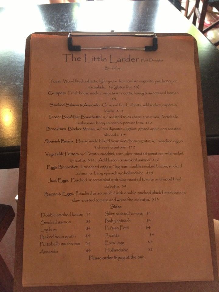 Menu at The Little Larder cafe, Port Douglas