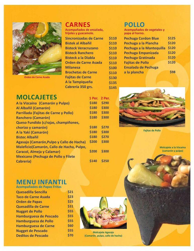 Menu at Mariscos el Sonorense Castellón restaurant, Mexicali, Calz.  Castellón 2053