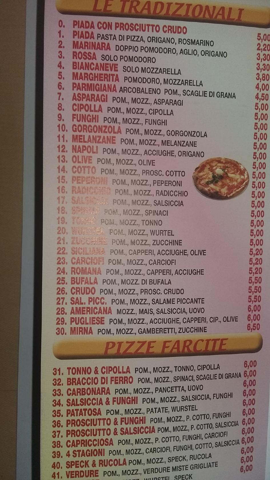 Carta de Pizzeria Arcobaleno, Bolonia