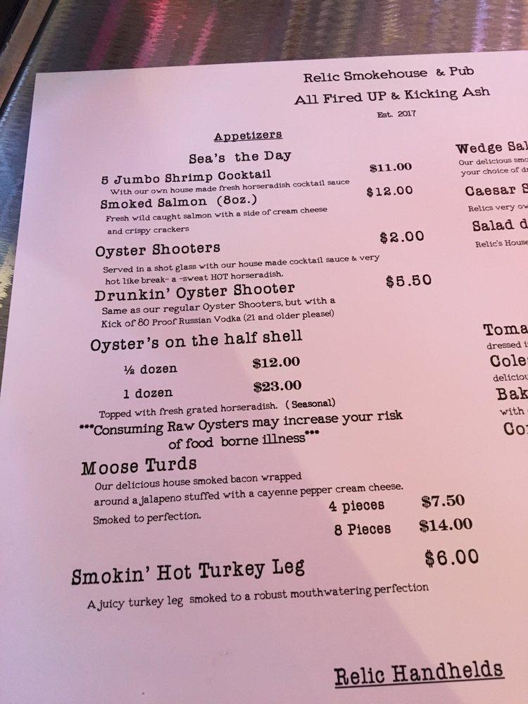 Menu at The Relic Smokehouse and Pub, Coeur d'Alene