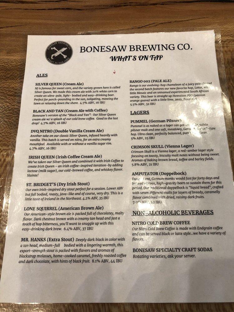 Menu at Bonesaw Brewing restaurant, Glassboro