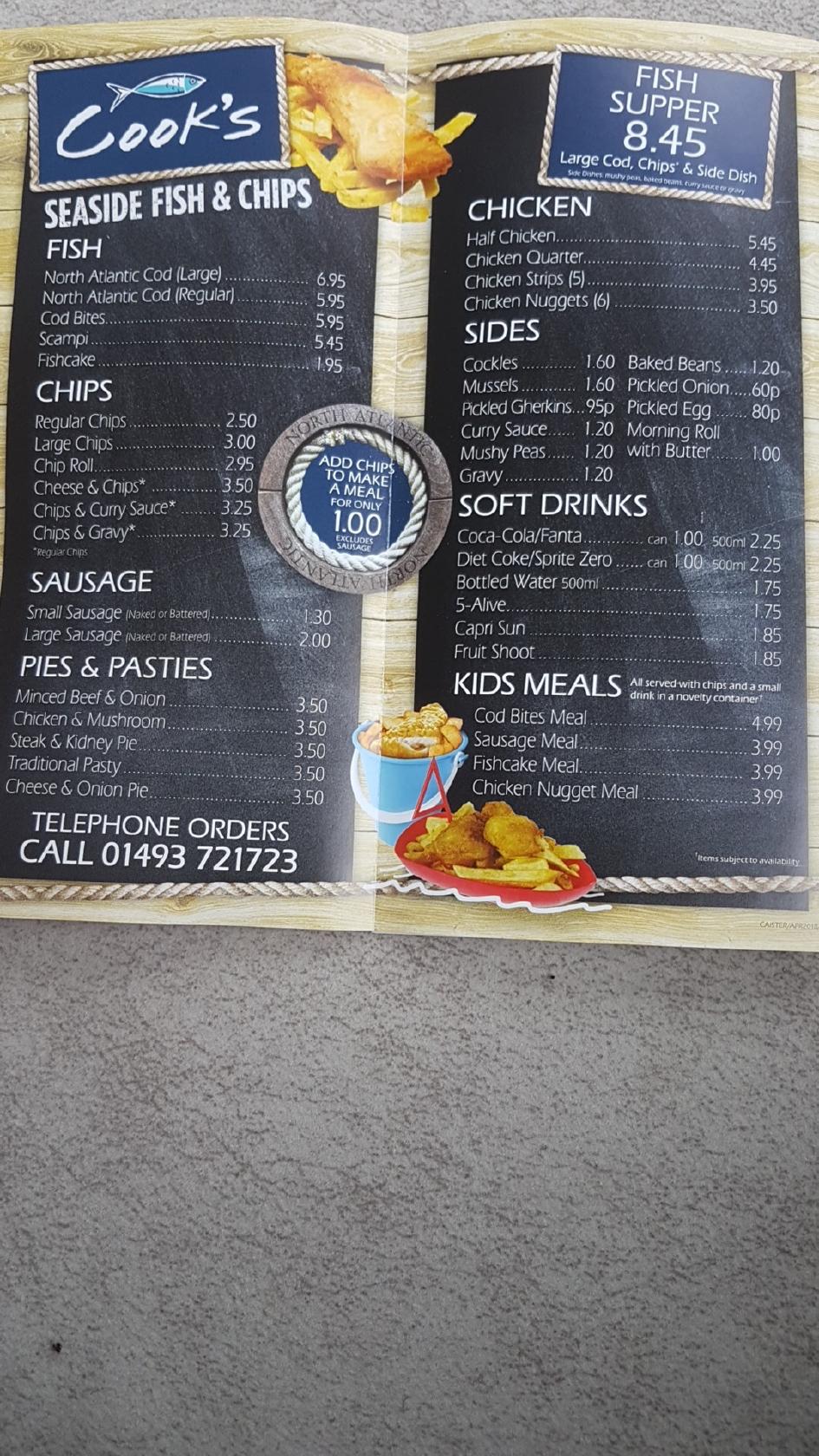 Menu at Cook's Fish & Chip Shop restaurant, Great Yarmouth