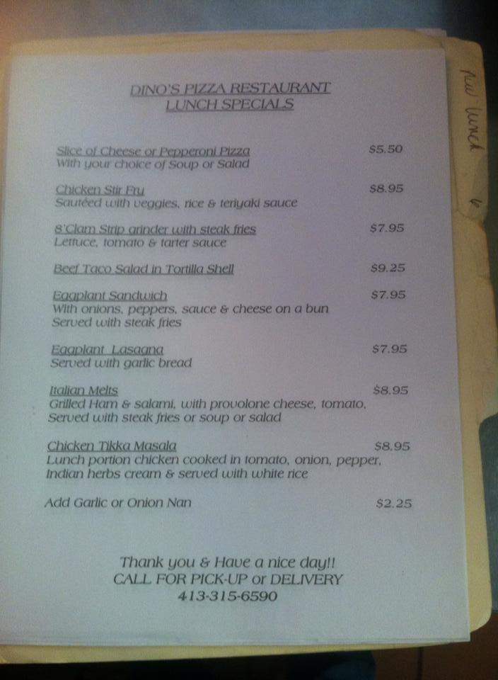 Menu at Dino's Pizza pizzeria, Holyoke