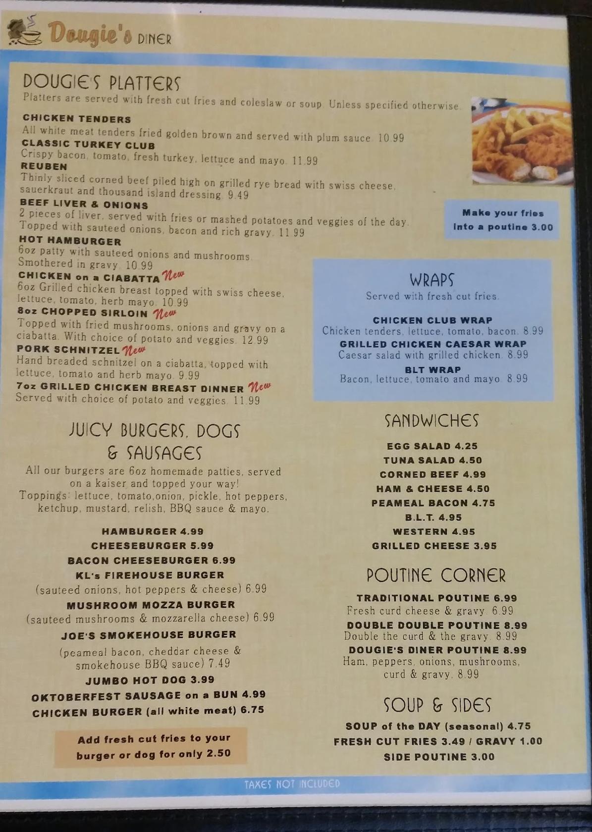 Menu at Dougie's Diner restaurant, Quinte West, 12 Carrying Place Rd