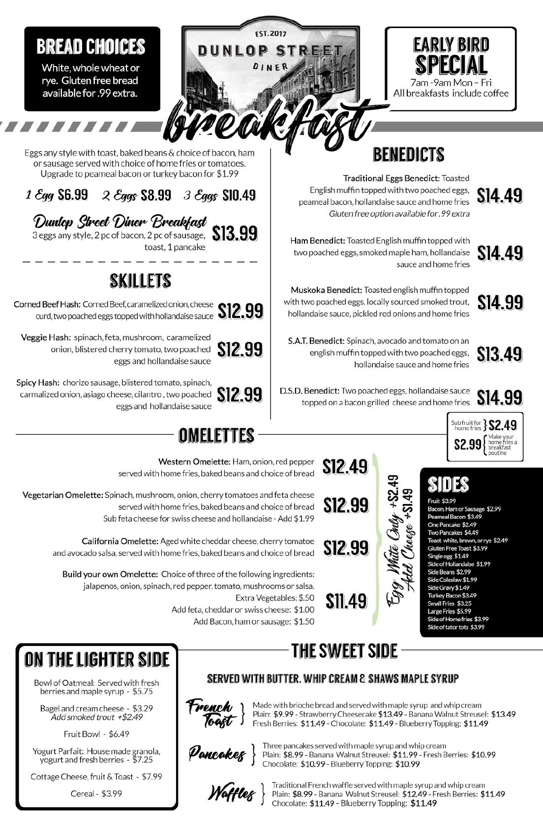 Menu at Dunlop Street Diner restaurant, Barrie