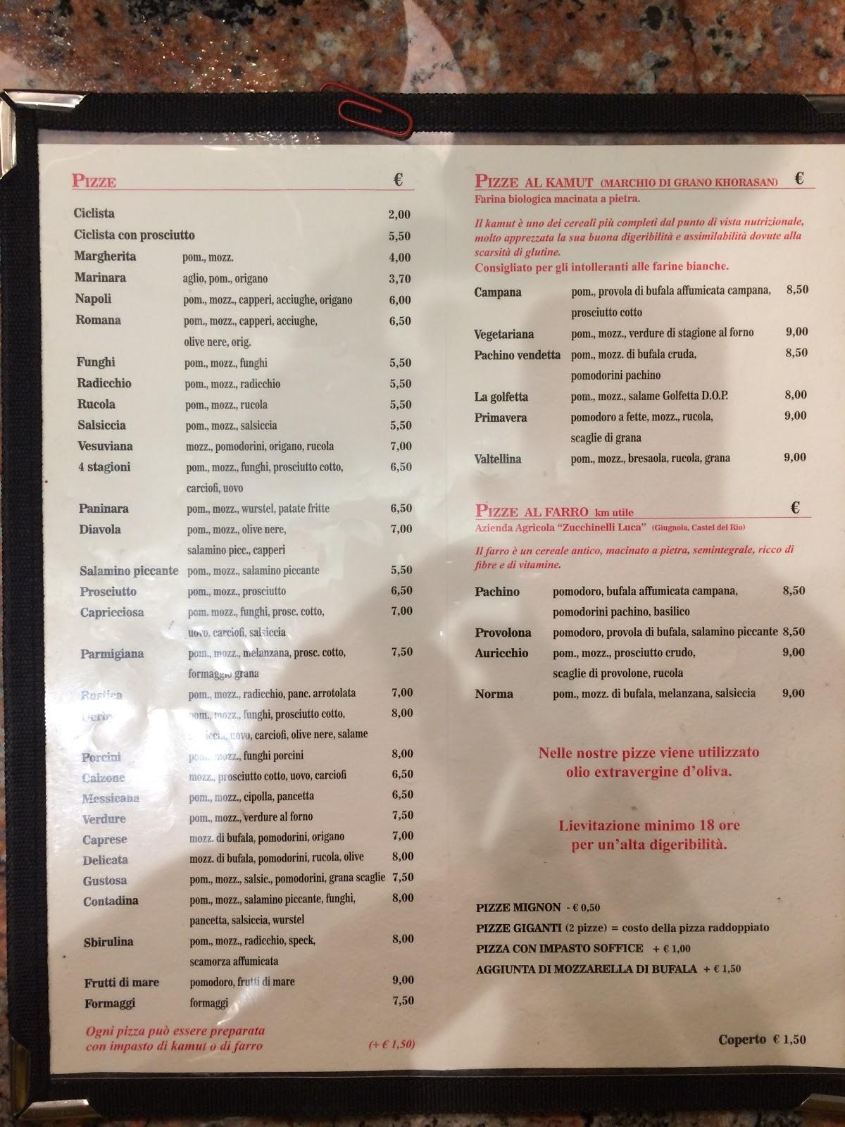 Menu da Pizzeria Derby, Imola