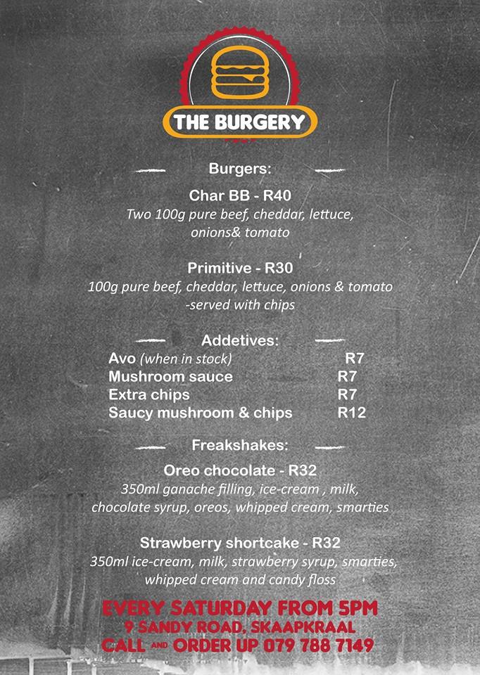 Menu at The Burgery, Cape Town, 9 sandy rd skaapkraal