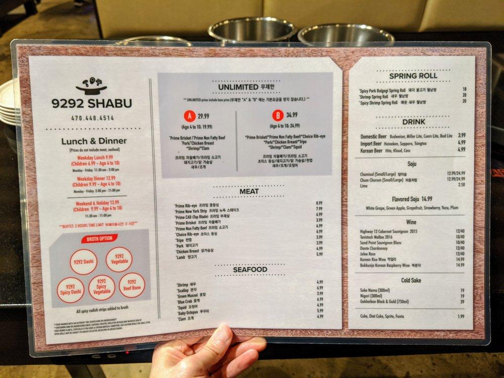 Menu at 9292 Shabu Healthy Korean restaurant, hot pot Duluth, GA