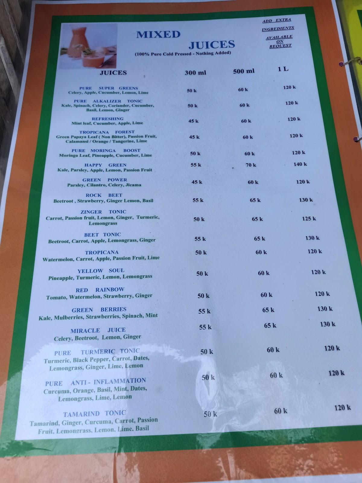 Menu at Bali Tropical Juice Bar, Mengwi