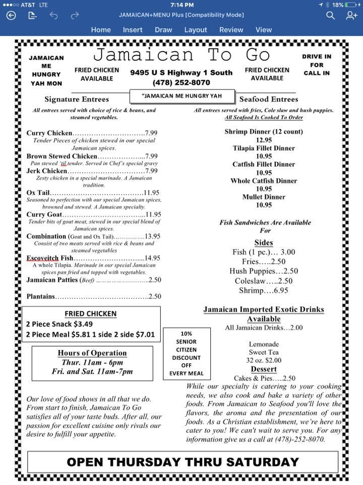 Menu at Jamaican To GO restaurant, Wadley