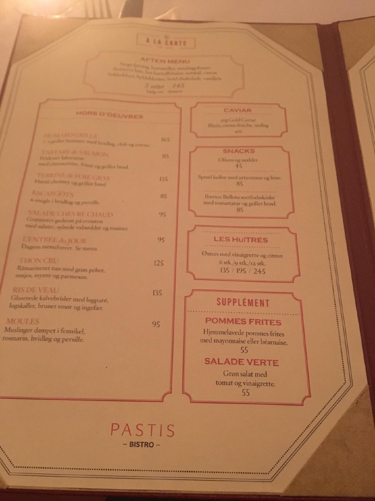 Menu at Pastis restaurant, Copenhagen