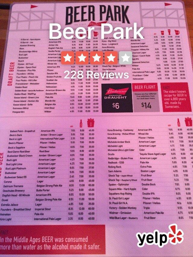 Menu at Beer Park pub & bar, Las Vegas, S Las Vegas Blvd