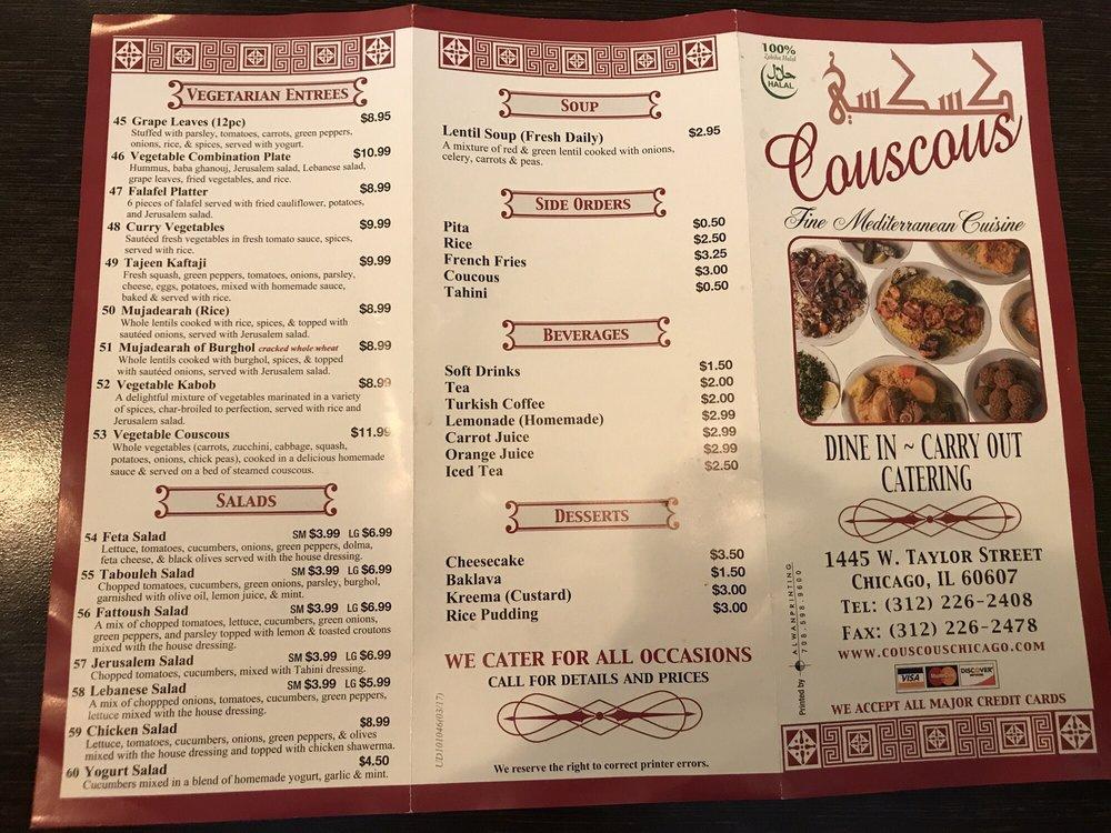 Menu at Couscous restaurant, Chicago, W Taylor St