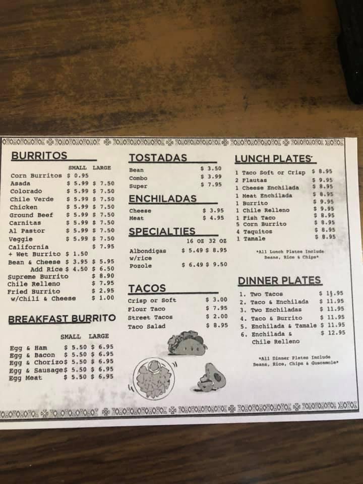 Menu at Tony's Burrito Hut restaurant, Ventura, Telephone Rd