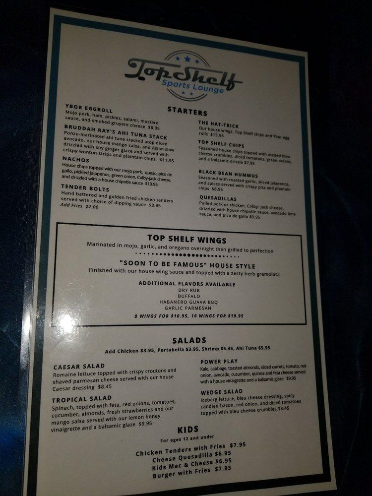 Menu at Top Shelf Sports Lounge pub & bar, Wesley Chapel