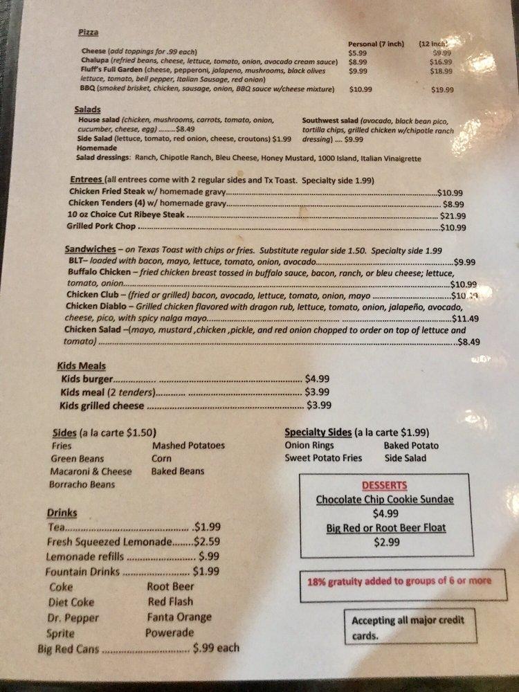 Menu at Fluff's White House Cafe, Floresville