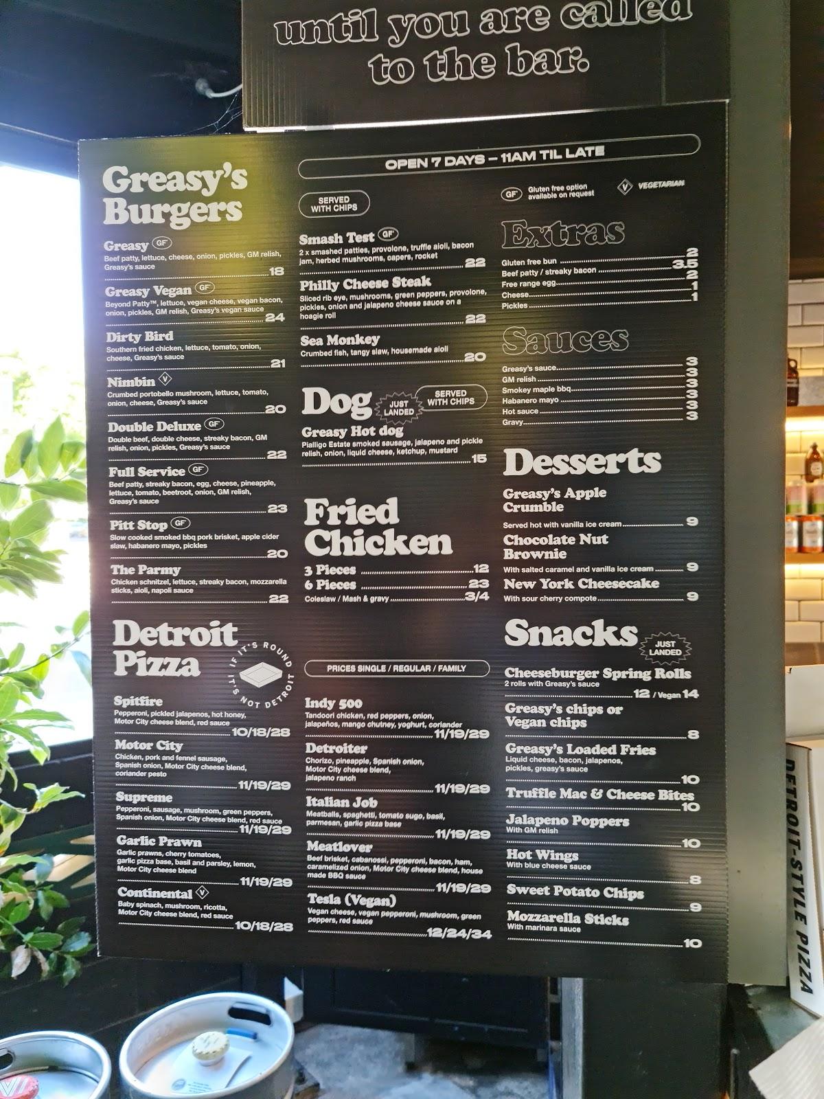 Menu at Grease Monkey pub & bar, Braddon