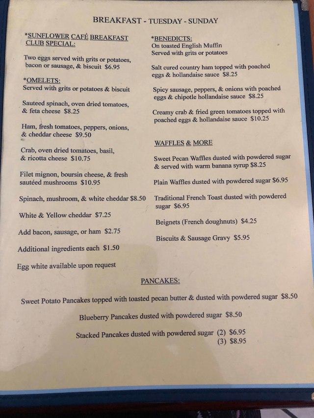 Menu at Sunflower Cafe, Charleston