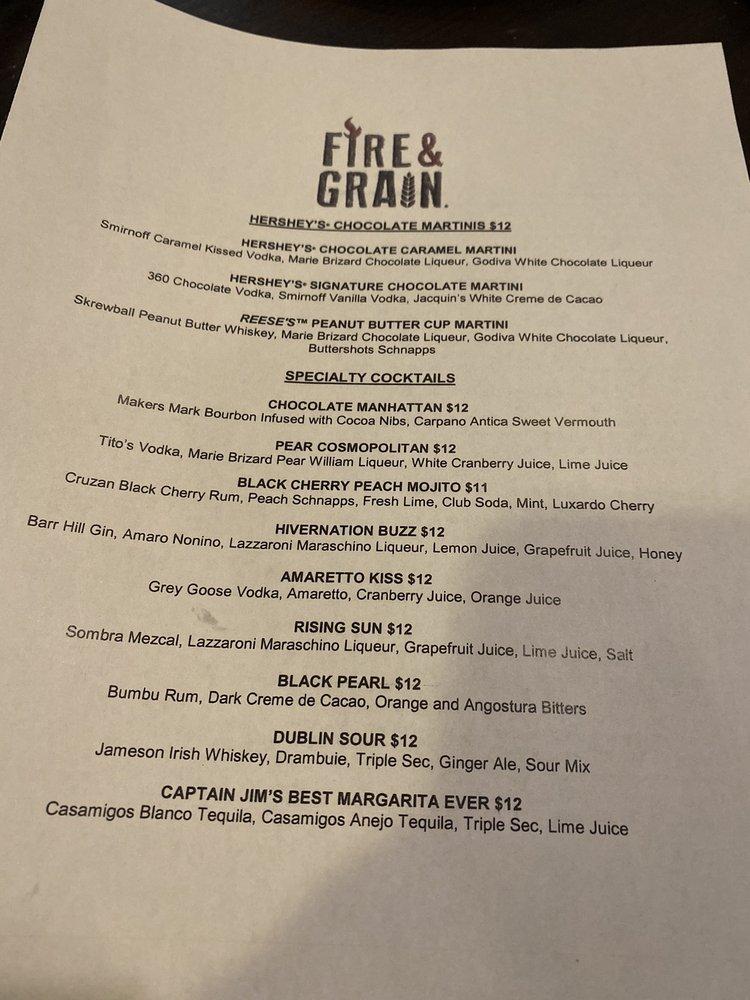 Menu at Fire & Grain at Hershey Lodge restaurant, Hershey
