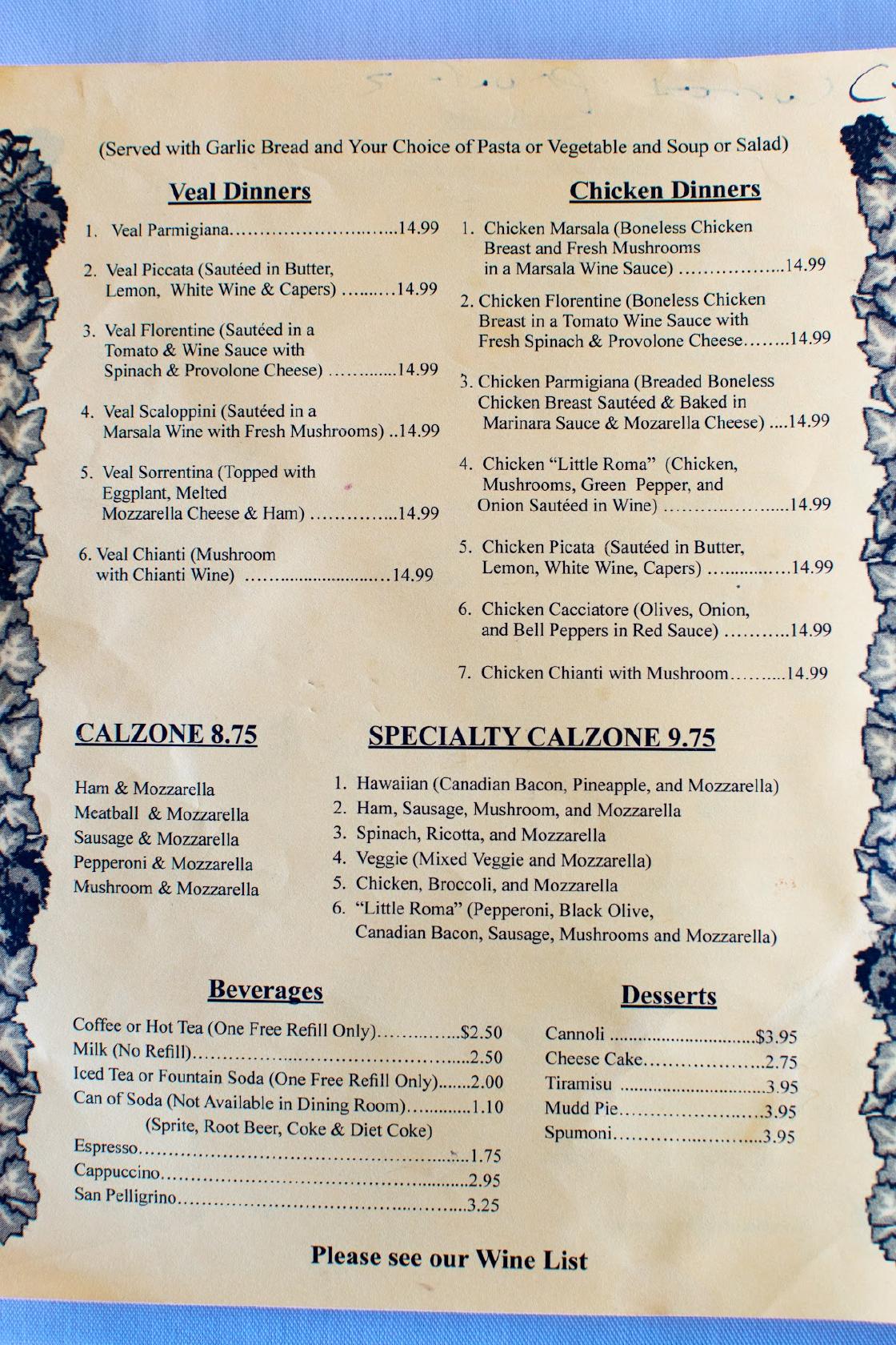 Menu At Little Roma Restaurant, La Mesa, Baltimore Dr #104