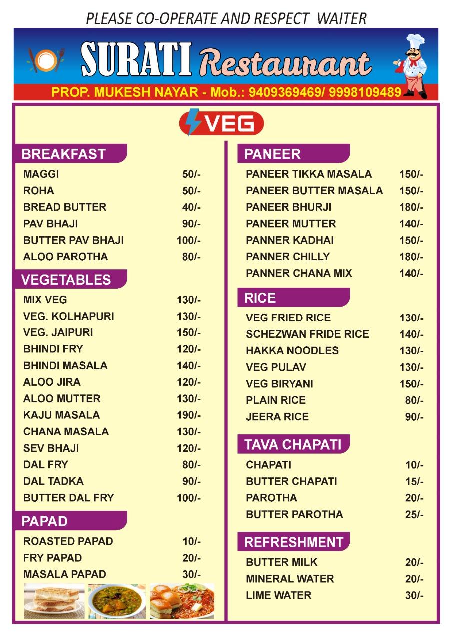 Menu at Surati Restaurant, Saputara