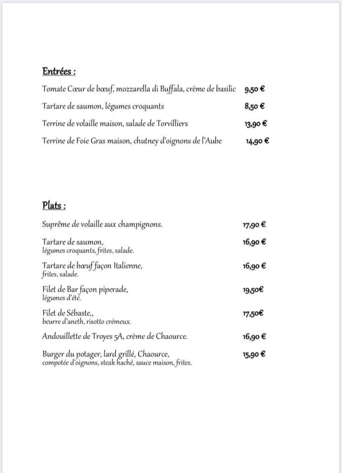 Menu at La Fille du Potager restaurant, Troyes